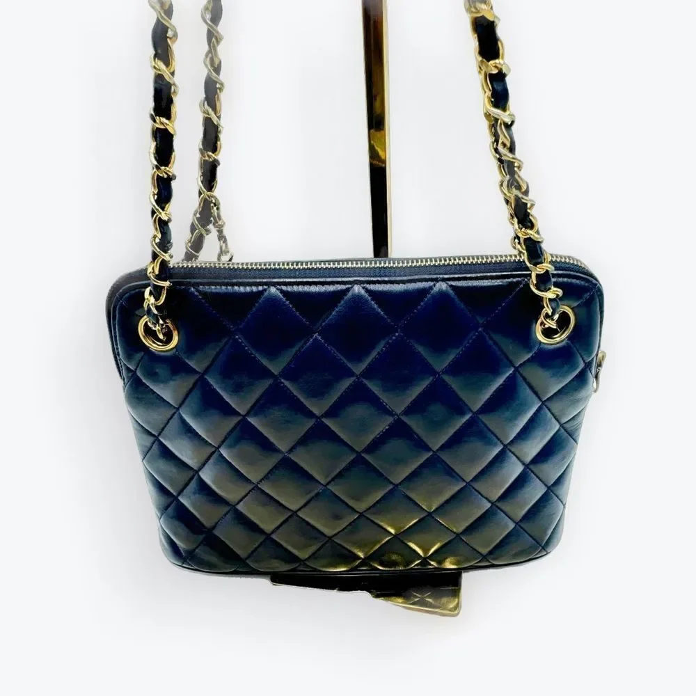 Auth Chanel Mademoiselle Navy Blue Polished Matelasse Quilted Shoulder Bag - Picture 10 of 16